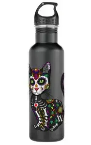 A black stainless steel water bottle with a cat in colorful Mexican print