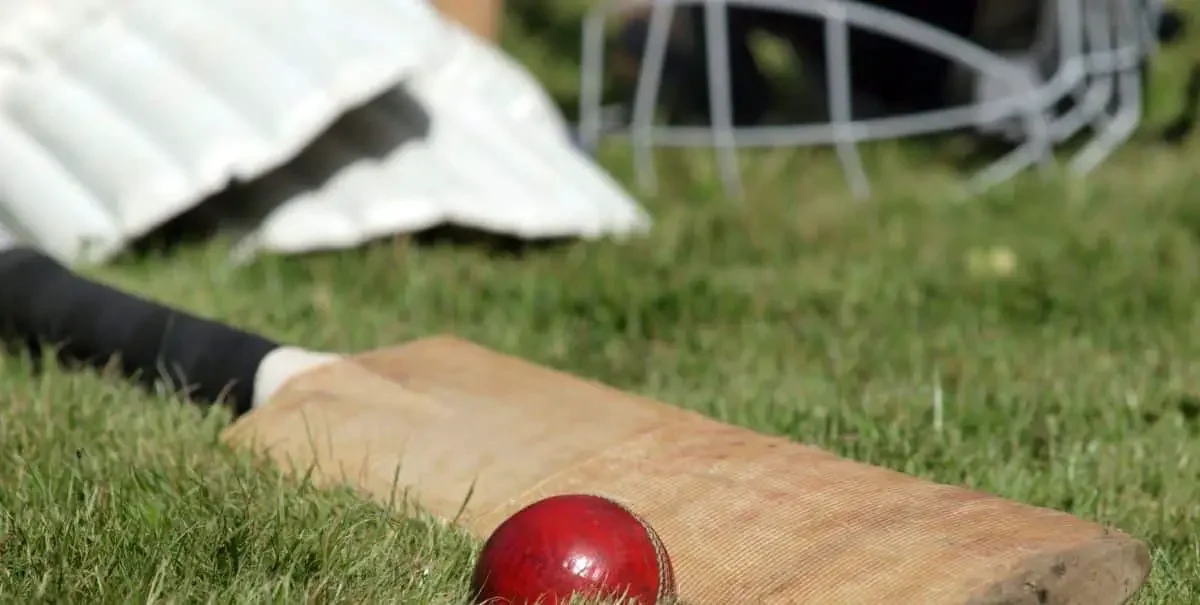 A cricket bat, ball, gloves, and helmet in the grass