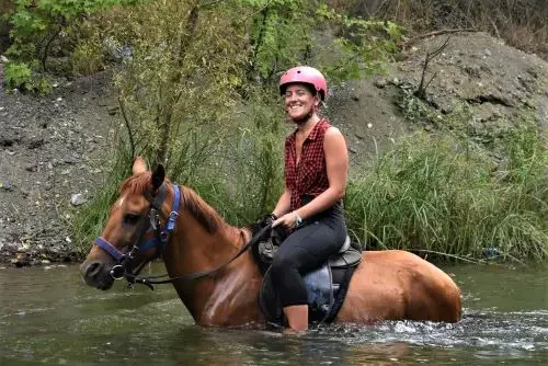 Woman riding on the back of a horse in water