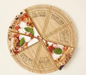 A wooden plate with pizza