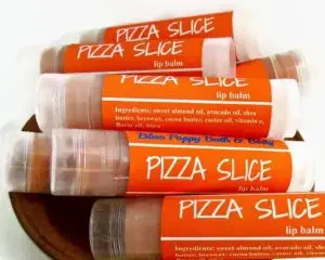 Lip balm with pizza slice flavor