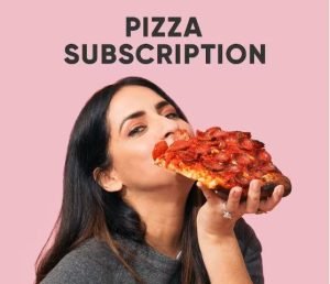 Pizza subscription and a photo of a woman eating a pizza