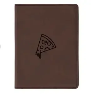 A brown leather passport cover with a slice of pizza