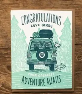 card for newlyweds with "Congratulations love birds. Your greatest adventure awaits!" 