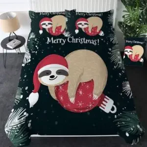 Bedsheet with a print of sloths and Christmas