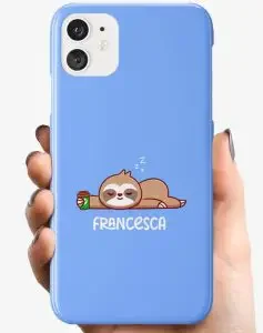 A phone case with a sloth and the name "Francesca"