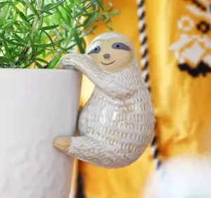 A planter with a ceramic of a sloth