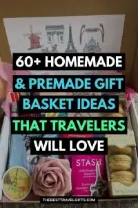 60+ premade and homemade gift basket ideas that travelers will love with a photo of a Paris-themed basket