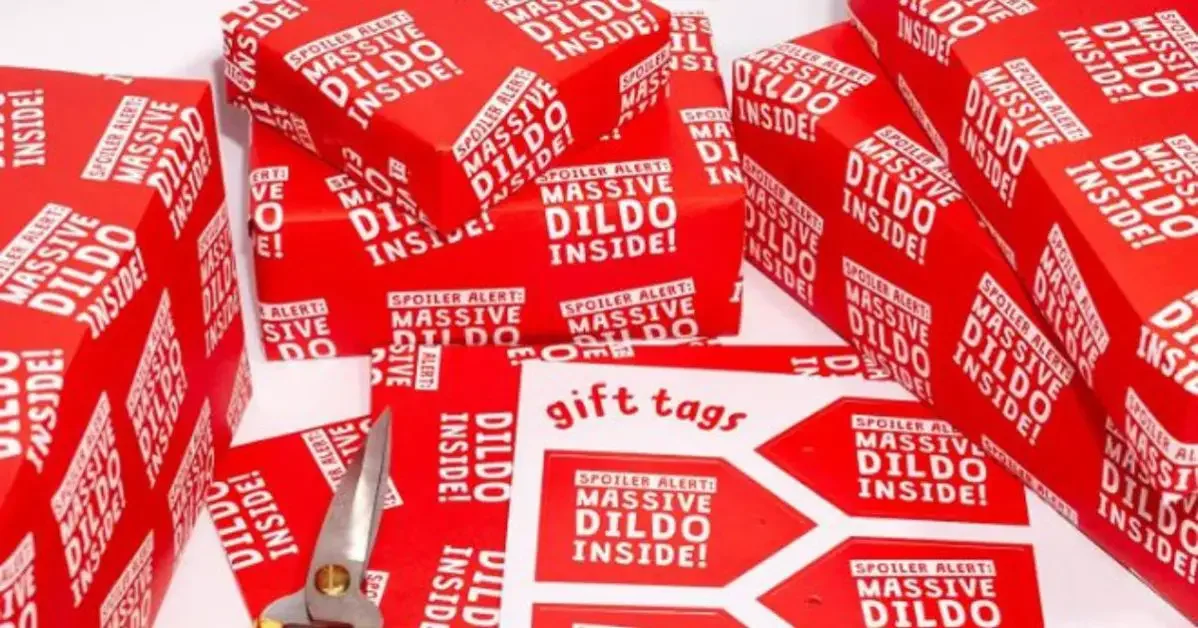 Funny way to wrap gifts with wrapping paper that says dildo inside