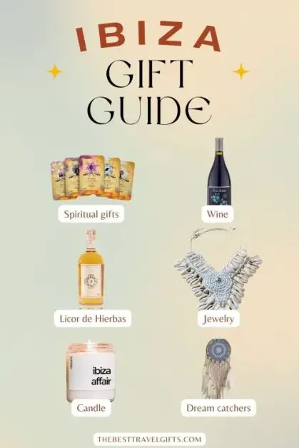 Ibiza gift guide with six photos of typical gifts from Ibiza such as wine and jewelry