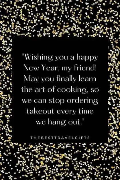"Wishing you a happy New Year, my friend! May you finally learn the art of cooking, so we can stop ordering takeout every time we hang out."