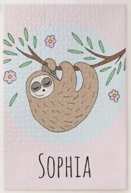 A jigsaw puzzle with a sloth and the name "Sophia"