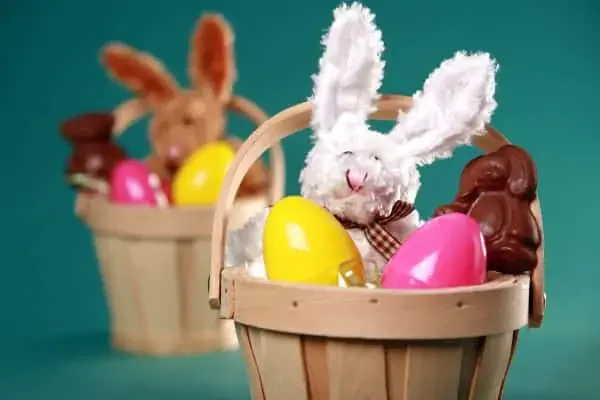 Basket with Easter eggs and a bunny