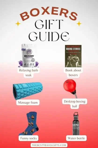 Boxers gift guide with six images of typical gifts for boxers