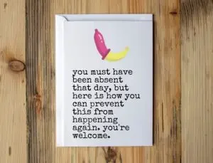 Funny pregnancy wishes card with a condom and a banana