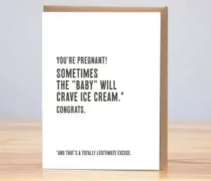 Funny pregnancy wishes card with jokes about cravings
