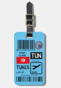 A luggage tag with Tunisia signs