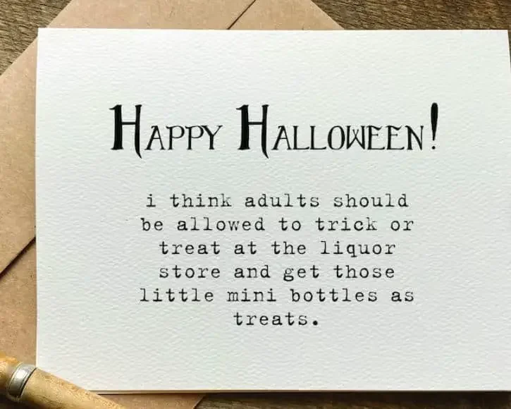 Funny Happy Halloween card about trick or treat for adults