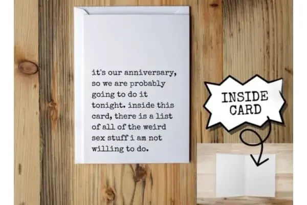 Funny wedding anniversary card with all the things I'm not willing to do