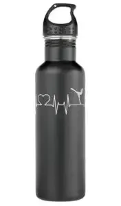A black water bottles with an heartbeat and an figure skater
