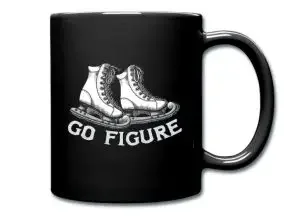 A black mug with a pair of skates and the text "go figure"