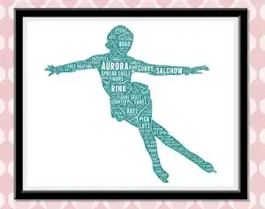A wall print of an ice skater made with words