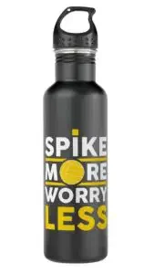 A black water bottle with: Spike more worry less