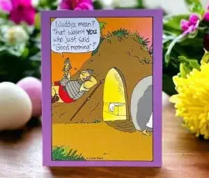 Funny cartoon card with guards at Jesus' grave