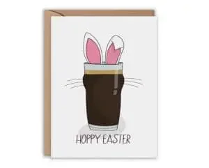 Easter pun card with a glass of beer and bunny ears and the text "Hoppy Easter"