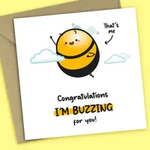 Funny new job quotes card with a bee and "Congratulayions I'm buzzing for you!"
