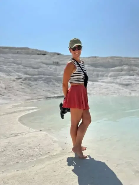 A women at the cotton castle, Pamukkale in Turkey