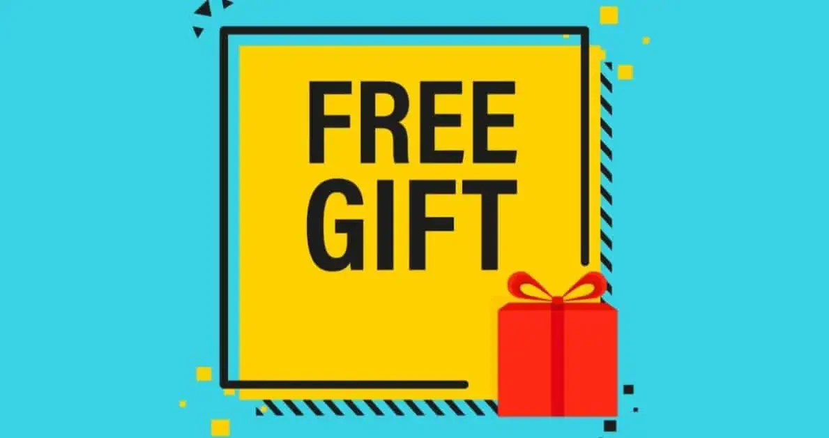 Free gifts with a yellow box, ad red gift and a blue background