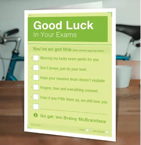 A funny good luck in you exams card checklist