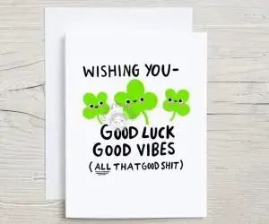 A funny good luck quote card "wishing you good luck good vibes and aal that sh*t)