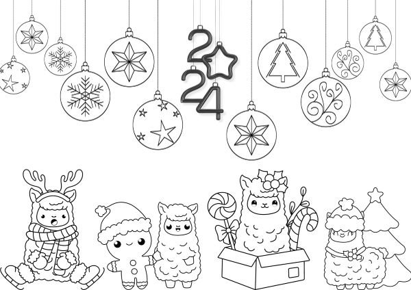 Images of lamas and 2024 coloring sheet for new year's
