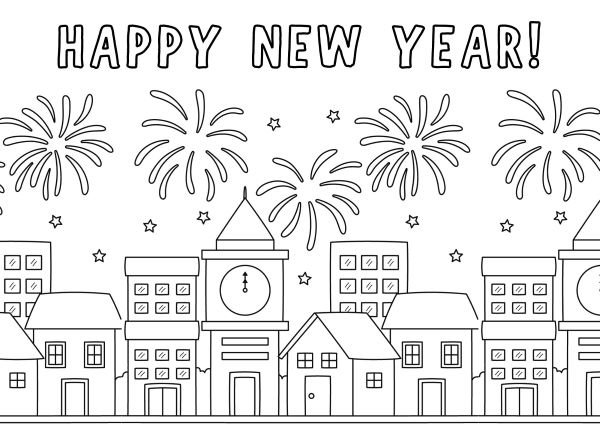 Happy New Year coloring sheet of houses with fireworks