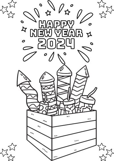 Happy New Year's coloring sheet with fireworks