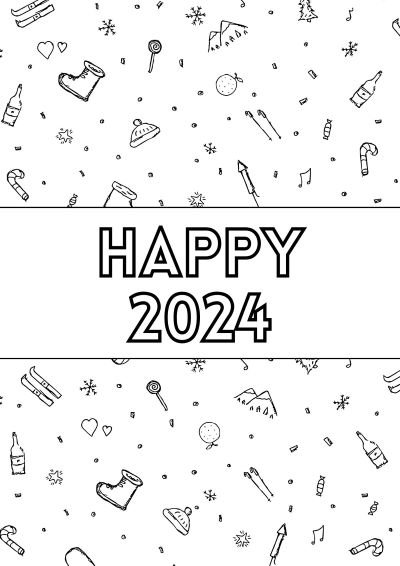 Cute new Year's Coloring page with "Happy 2024"