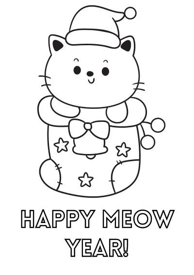 Cut New Year Coloring sheet with a cat and "Happy Meow Year"