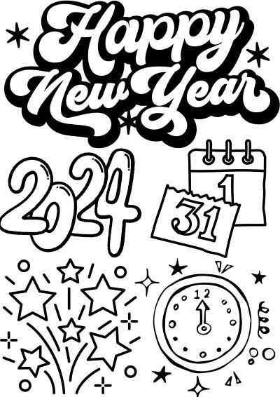 New Year coloring pages with typical New Year icons