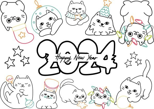 A new year printable coloring sheet with cats