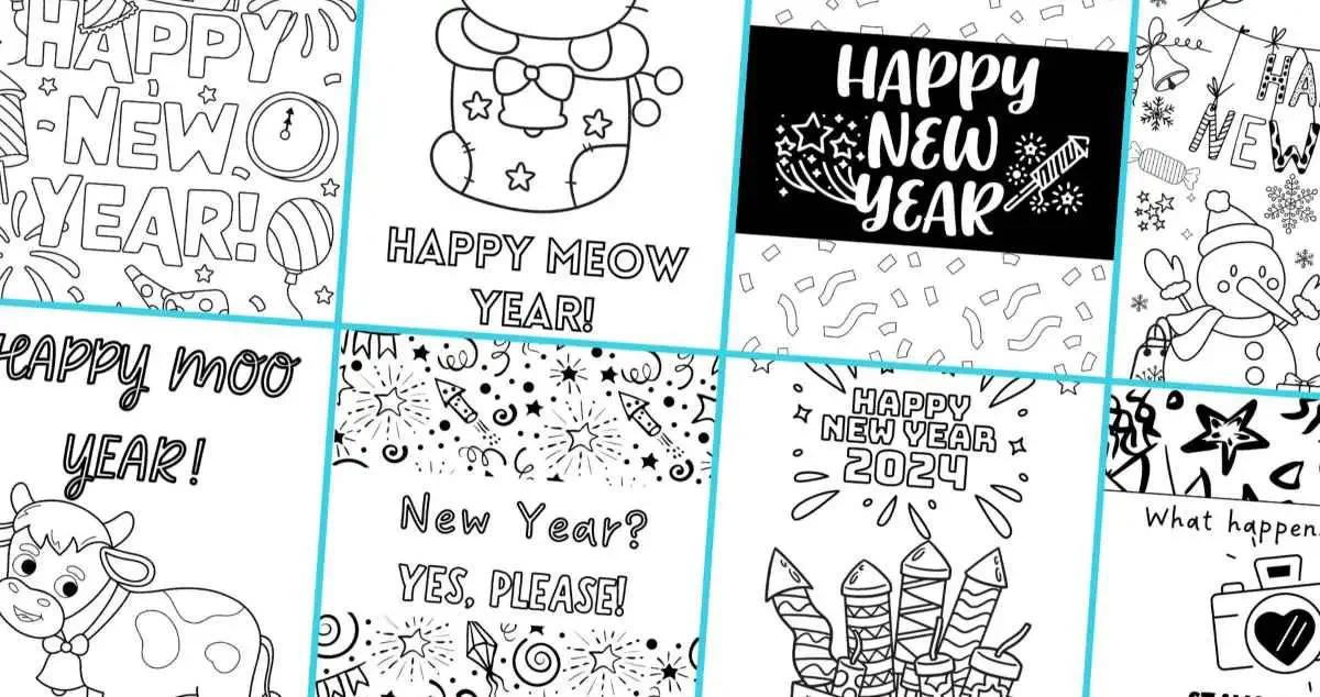 A selection of 8 different coloring sheets for New Year's Eve