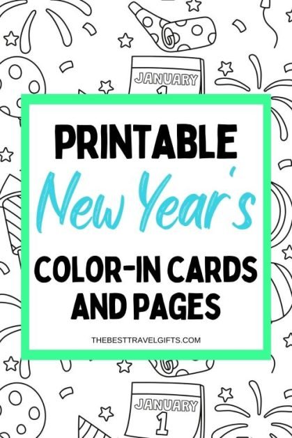 Printable New year's color-in cards and pages with an image of New year icons on the background