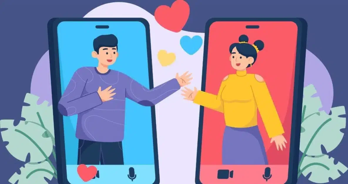 An image of a man an woman with a phone distance