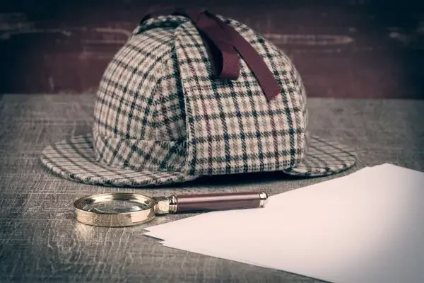A photo of a sherlock holmes hat and paper and a magnifier
