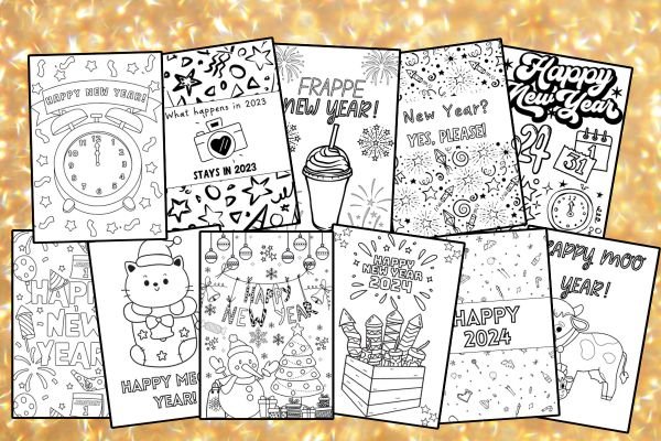 A collection of 12 different printable new year coloring pages