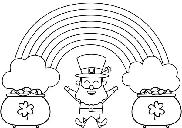 A St Patrick's Day coloring page of a leprechaun and two pots of gold and a rainbow