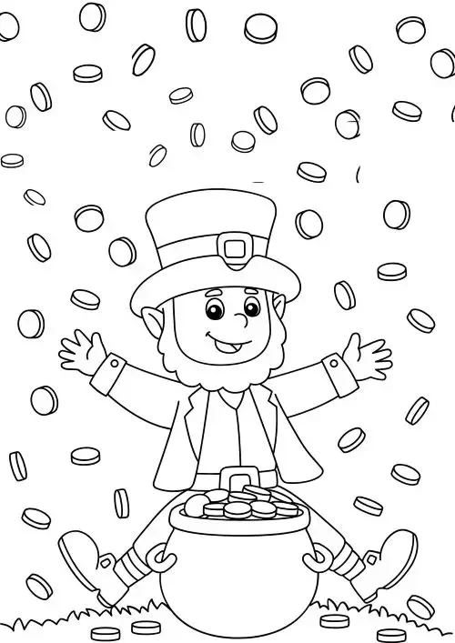 St Patrick's Day coloring page with a leprechaun and a pot of gold