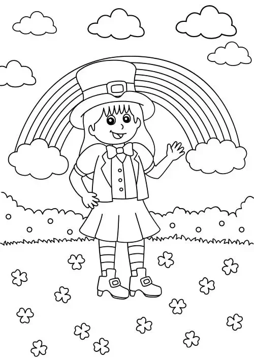 St Patrick's Day coloring sheet with a female leprechaun and a rainbow