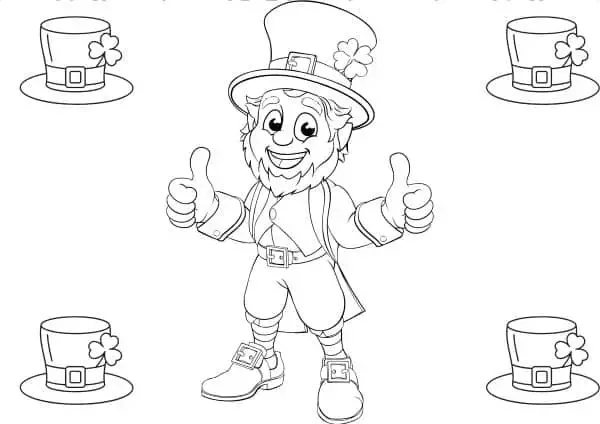 St Patrick's Day coloring sheet of a leprechaun and hats